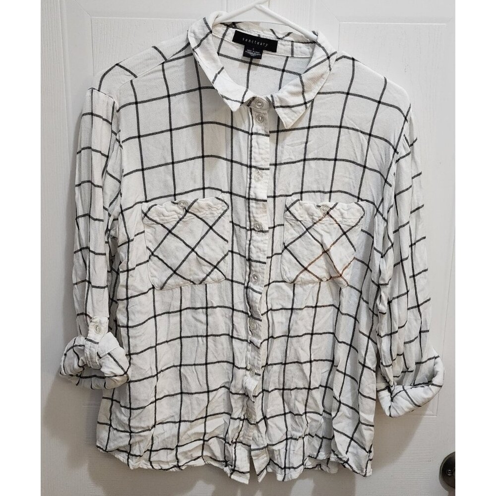 Sanctuary Women's Sz L Tomboy Long Sleeve Button Up Shirt White Plaid Soft‎